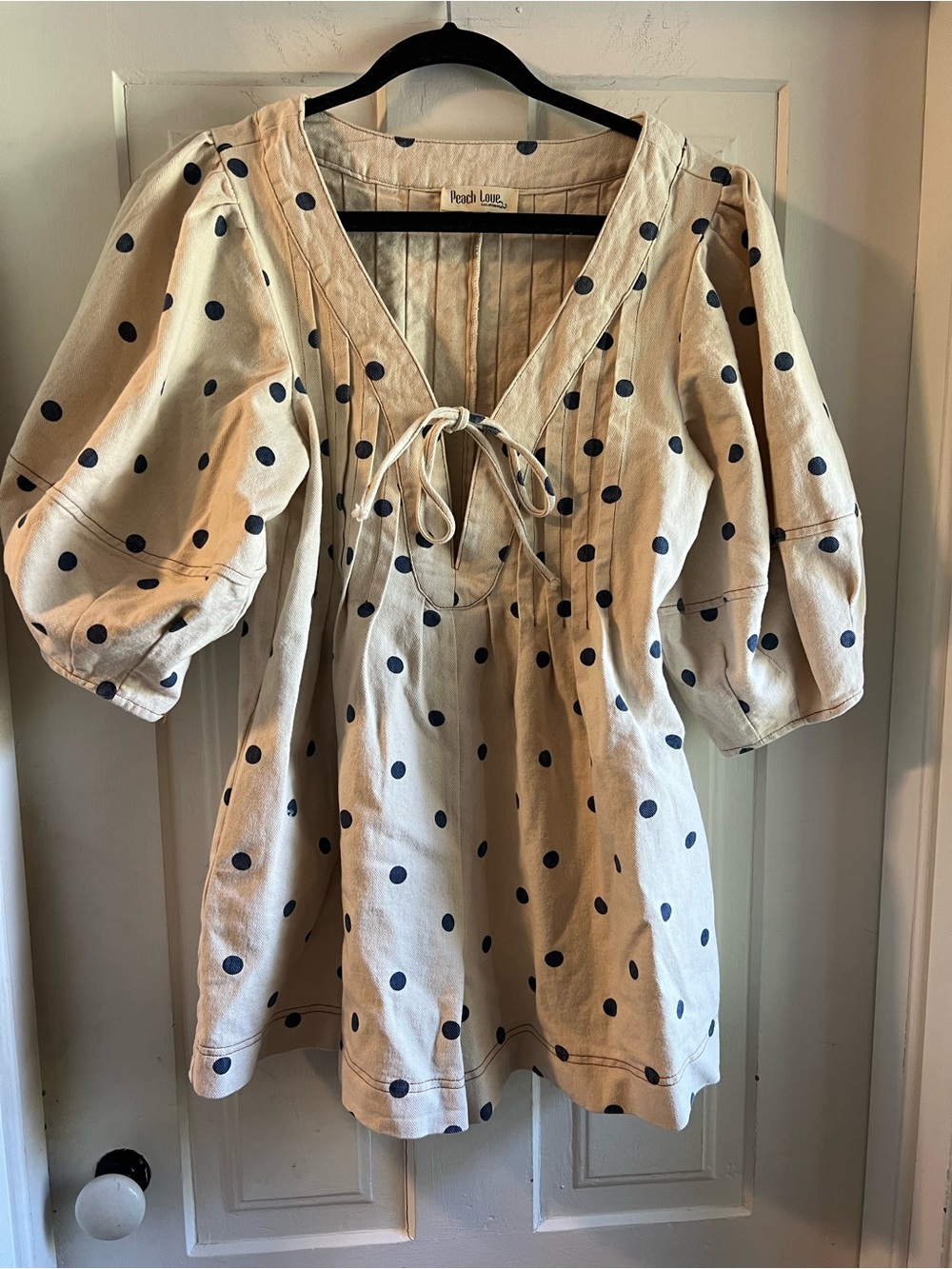 Peach Love California Polka Dot Tie-Front romper - Cream with Navy Dots